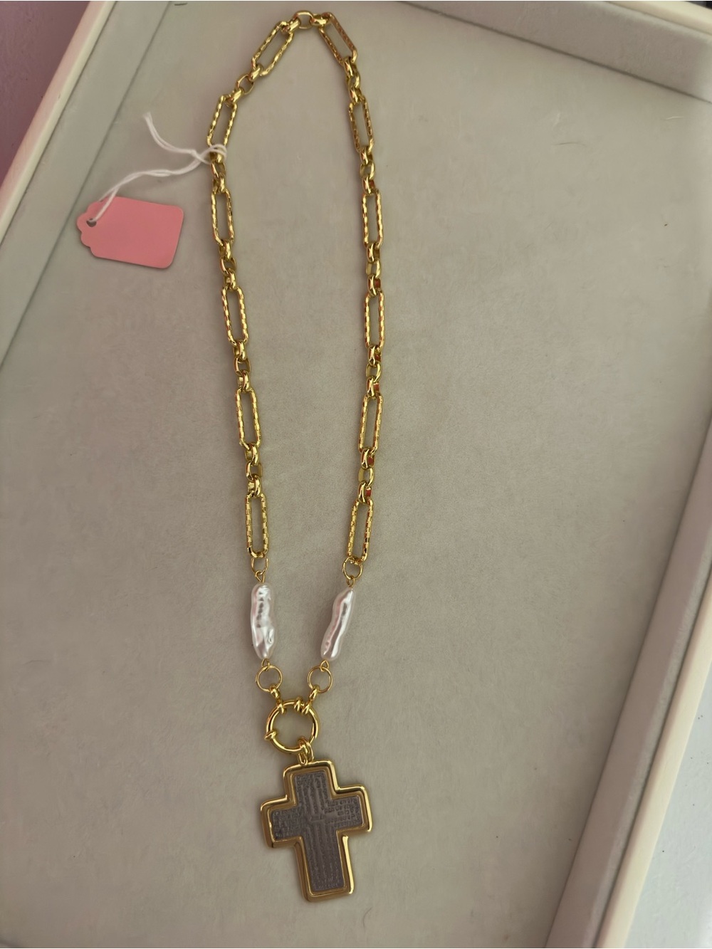 Gold Chain Necklace with Cross Pendant and White Pearl Accents
